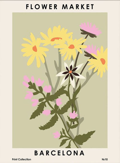 The NKTN (Flower Market - Barcelona) poster by GAL254 showcases yellow and pink flowers with green stems on a light background. It features the text "Flower Market Barcelona Print Collection No. 10" from the Small Decor Series Art Prints, embodying our Floral Art Print collection's essence.