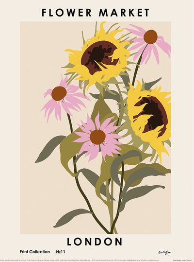 The GAL255 NKTN Floral Art Print from the Decor Series features bold sunflowers and pink coneflowers on a beige background. Printed on Matte Art Paper, it reads "Flower Market" at the top and "London" at the bottom, ideal for any floral art enthusiast.