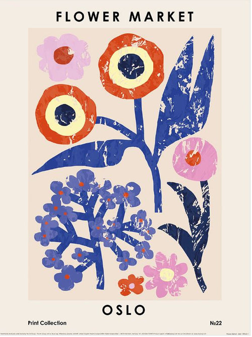 The "NKTN (Flower Market - Oslo)" by GAL258 from the Small Decor Series is a Floral Art Print Collection No. 22, featuring colorful abstract flowers with large red blooms, blue leaves, and smaller pink and blue flowers on a beige background.