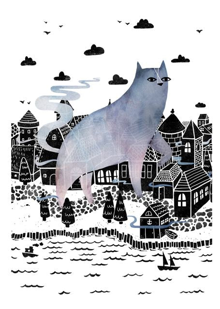 A whimsical blue cat looms over a black-and-white village in "The Fog by Littleclyde," an A3 print from Blue Dog Posters featuring birds, clouds, and a drifting boat.