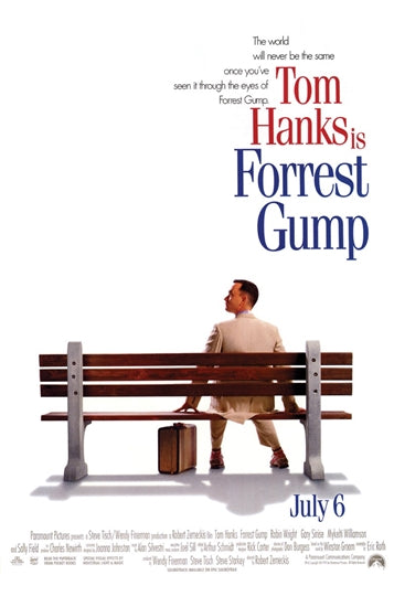 Blue Dog Posters' "Forrest Gump" 28x43cm poster showcases a man seated on a bench with his back turned towards the viewer, accompanied by a suitcase. The text reads, "The world will never be the same once you've seen it through the eyes of Forrest Gump," and mentions the date, "July 6.