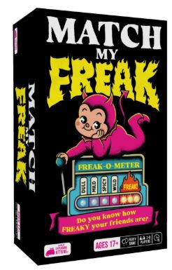 Box for Blue Dog Posters’ adult party game "Match My Freak," showing a cartoon in a pink devil costume on a "Freak-O-Meter." Features the tagline: "Do you know how FREAKY your friends are?" For ages 17+.