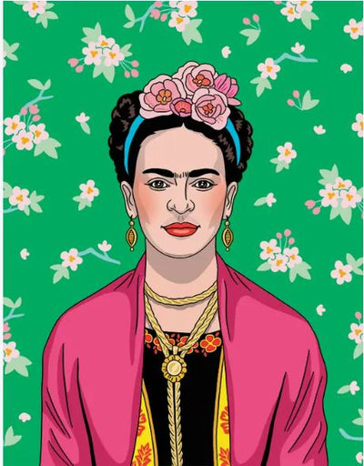A vibrant illustration of a woman with braided hair adorned with pink flowers, wearing a pink shawl, gold jewelry, and colorful traditional clothing inspired by Frida Pink Florals. The background features a green palette decorated with white and pink flower patterns. This design perfectly complements the Frida Pink Florals Blank Card by Blue Dog Posters, which comes with a matching envelope.