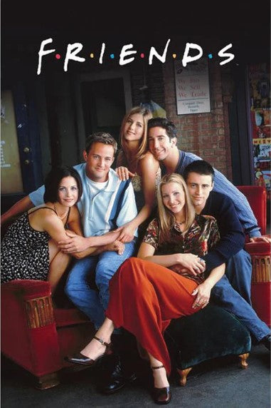 Six smiling young adults sit closely on a red couch under the "FRIENDS" logo, posing for the MTV 032 "Friends in Central Perk" TV show poster in front of a building with large windows.