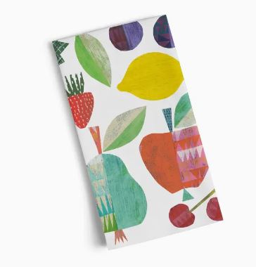 The Werkshoppe Tea Towel Fruit Stand by Blue Dog Posters features colorful, abstract fruit and leaf illustrations on a crisp white cotton rectangular kitchen towel.