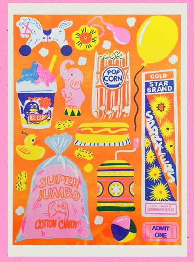Funfair Riso Print by Naomi Wilkinson Illustration from Blue Dog Posters features vibrant carnival treats on an orange background, created as a colorful risograph using eco-friendly inks for a playful and sustainable art piece.