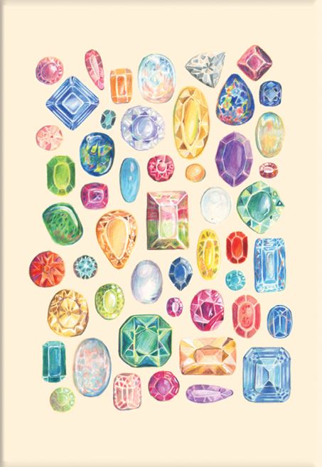 50 Up: Gay Gems by Amy Blue from Blue Dog Posters features colorful gemstones in ovals, rectangles, circles, and squares arranged neatly on a light beige background—an eye-catching art print for any space.