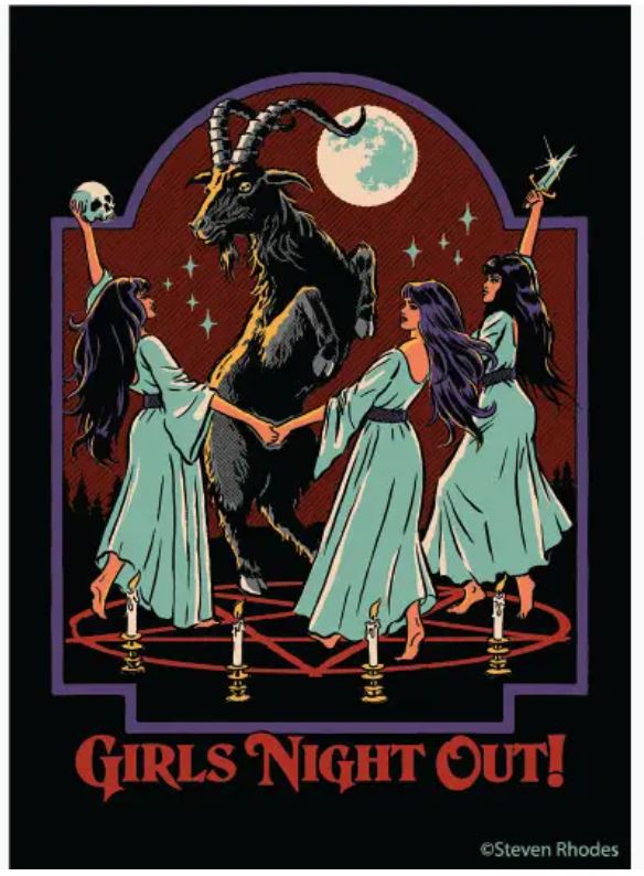 Three women in long dresses dance with a goat-like demon inside a pentagram under the full moon. One holds a skull, another a dagger. The Blue Dog Posters Girls Night Out Magnet reads "GIRLS NIGHT OUT!" at the bottom.