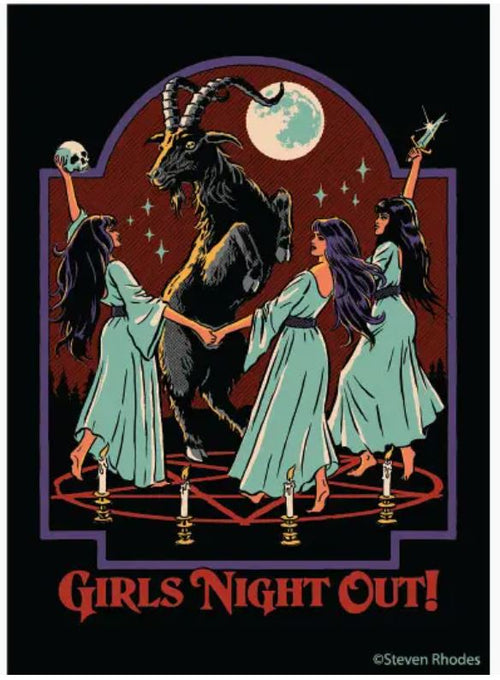 Three women in long dresses dance with a goat-like demon inside a pentagram under the full moon. One holds a skull, another a dagger. The Blue Dog Posters Girls Night Out Magnet reads "GIRLS NIGHT OUT!" at the bottom.