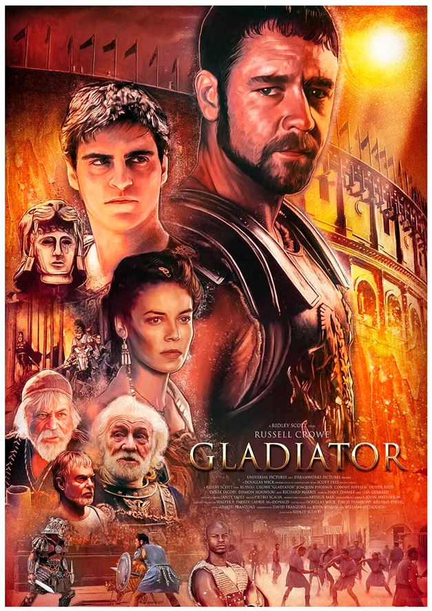 A3 Gladiator Movie Poster featuring striking character portraits, Roman soldiers, and the Colosseum, with the film's title and credits at the bottom, printed on premium satin paper in A3 size.