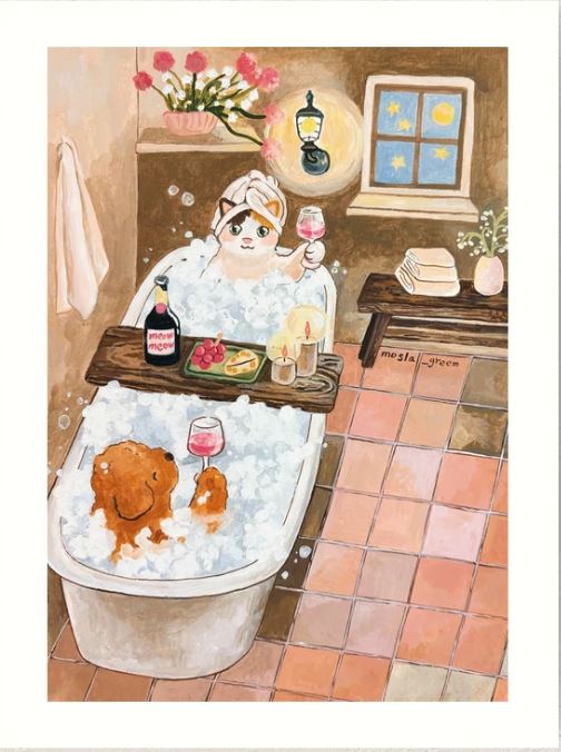 Have a Glass of Wine by Mosla from GAL16 features a cute cat in a towel and a dog enjoying a bubble bath, wine glass in paw. Cozy decor, candles, and flowers set the mood. Printed on premium matte art paper.