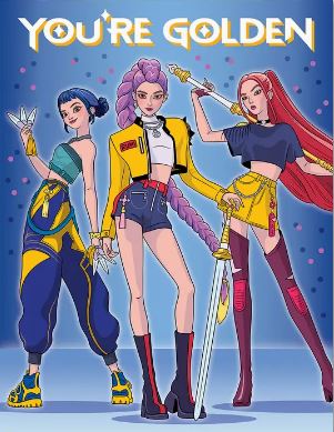 The "You’re Golden Greeting Card" by Blue Dog Posters features three animated women in futuristic attire with weapons, striking confident poses on recycled paper, under a bold “YOU’RE GOLDEN” text—perfect for a vibrant birthday greeting.