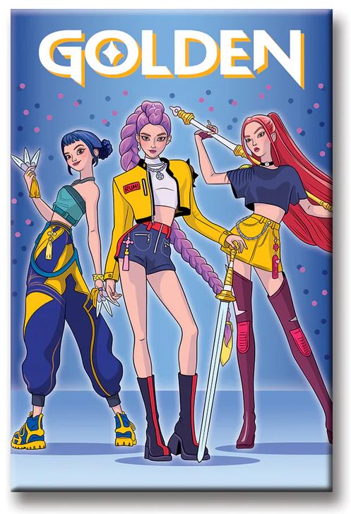 Three animated women in bold outfits strike fierce poses under "GOLDEN," each with weapons and vivid hair on a blue polka dot background. The K-Pop Golden Magnet by Blue Dog Posters is proudly made in the USA.