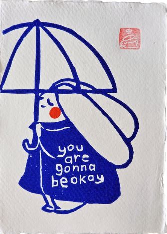 Bunny Gonna Be Ok  Small Lino Print by Misu-Juju