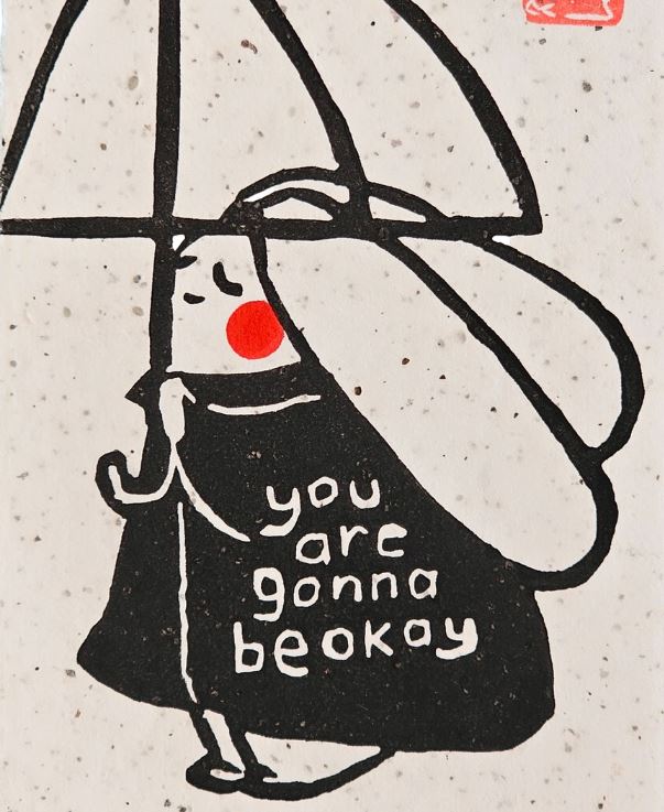 Bunny Gonna Be Ok  Small Lino Print by Misu-Juju