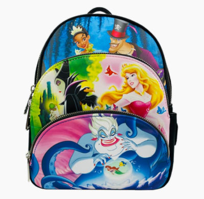 The Disney Good Verses Evil Mini Backpack by Blue Dog Posters is a vibrant faux leather accessory that features animated characters from fairy tales, including beloved princesses and villains like a mermaid, a regal princess, and a wicked octopus against a bright backdrop.
