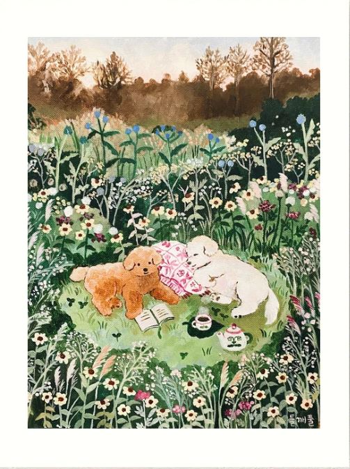 Two dogs lounge on a blanket amid wildflowers—one lying down, one sitting near an open book, teapot, and cup. Trees and blue sky frame the scene in "Good Friends by Mosla," a premium matte art print from GAL172.