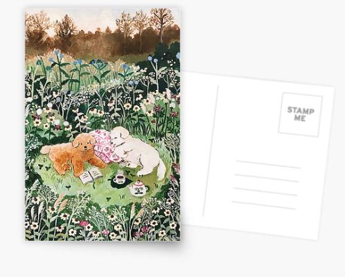 Good Friends by Mosla Postcard from Blue Dog Posters features two dogs having a tea party in a wildflower meadow at sunset—perfect for any card collection or to brighten small spaces with charming art.