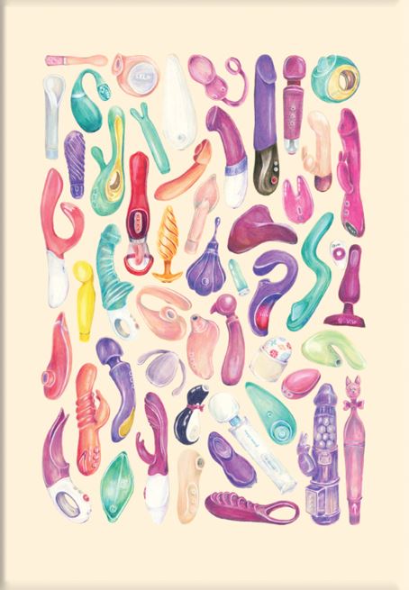 “50 Up Good Vibes by Amy Blue A2” from GAL168 features a playful, colorful array of sex toys on a light beige background—perfect as a bold, cheeky art or gallery print.