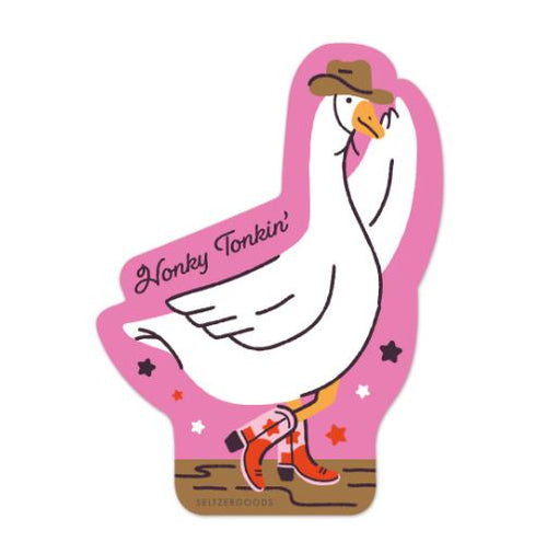 The Honky Tonk Goose Vinyl Single Sticker by Blue Dog Posters features a white goose in a cowboy hat and boots standing on one leg with "Honky Tonkin'" and stars—perfect as a unique, water-resistant laptop sticker.