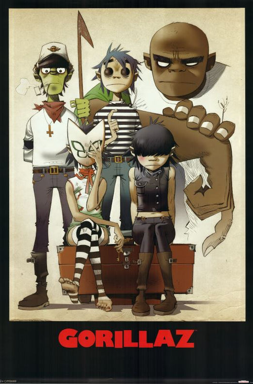 This vibrant pop poster features an illustration of four animated characters from the band Gorillaz posing together. One character is holding a flag while another crosses their arms, and the word "Gorillaz" stands prominently in bold red letters at the bottom. This eye-catching piece by MUS 344 is a must-have addition to any music collection.