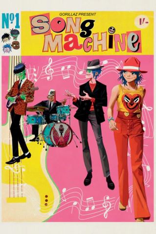 The MUS 276 "Gorillaz - Song Machine" poster features the animated band together in colorful retro outfits, set against musical notes and a guitar—with vibrant "Song Machine" text above—ideal for any music or pop art collection.