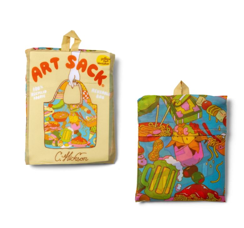 Two colorful reusable Blue Dog Posters fabric bags are shown. One is folded in a pouch labeled "Clay Hickson Gourmand Art Sack"; the other, an rPET bag, features Clay Hickson's whimsical mugs and objects design.
