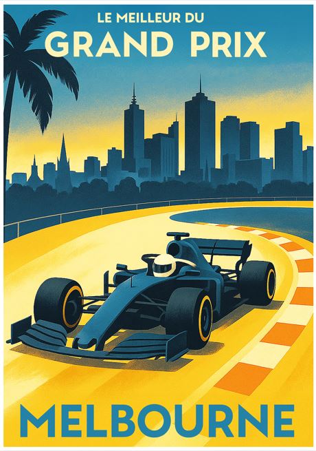 The Grand Prix Melbourne by Liza Murphy from Blue Dog Posters features a Formula 1 race car on track with a city skyline and palm tree, and bold vintage-style text reading "Le Meilleur du Grand Prix Melbourne.