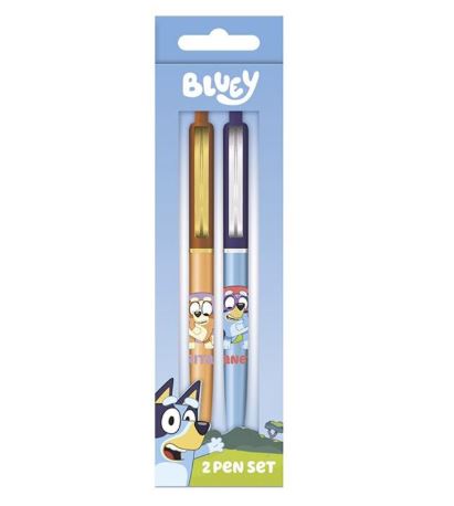 The Bluey Grannies 2 Pen Set by Blue Dog Posters includes gold and blue ballpoint pens with Bluey character designs, packaged in a light blue box featuring "Bluey" and "2 pen set" text.