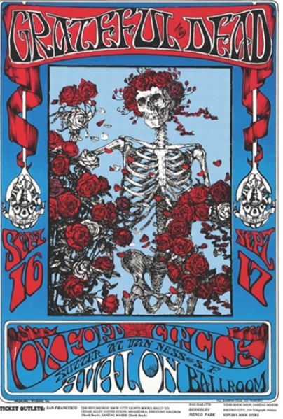 The "Grateful Dead Skeleton & Roses" concert poster by MUS 186 features a psychedelic design with a skeleton adorned in red roses, set against a vibrant, swirling background. The text announces shows on Sept. 16 and 17 at the Avalon Ballroom in San Francisco, along with ticket outlet details. This rock poster is perfect for any music collection.