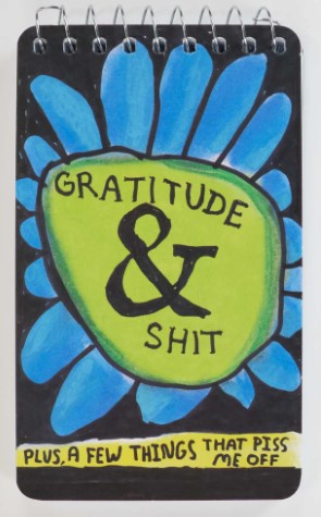 The Mini Notebook - Gratitude & Shit by Blue Dog Posters features a spiral binding, colorful cover with blue petals, green center reading "Gratitude & Shit," and a yellow strip that says, "Plus, a few things that piss me off.