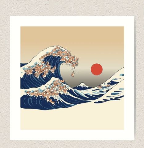 The Great Wave of Chihuahua by Huebucket from GAL7 features a cat-filled wave inspired by Hokusai's classic, with Mount Fuji and a red sun on a beige sky—part of the Gallery Series Art Print collection.