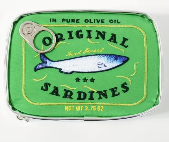 The Sardine Tin Bag Green by Blue Dog Posters is a cute, small green rectangular bag inspired by classic sardine tins, featuring "Original Sardines," a fish illustration, pull-tab detail, and "In Pure Olive Oil" and "Net Wt 3.75 oz" text.