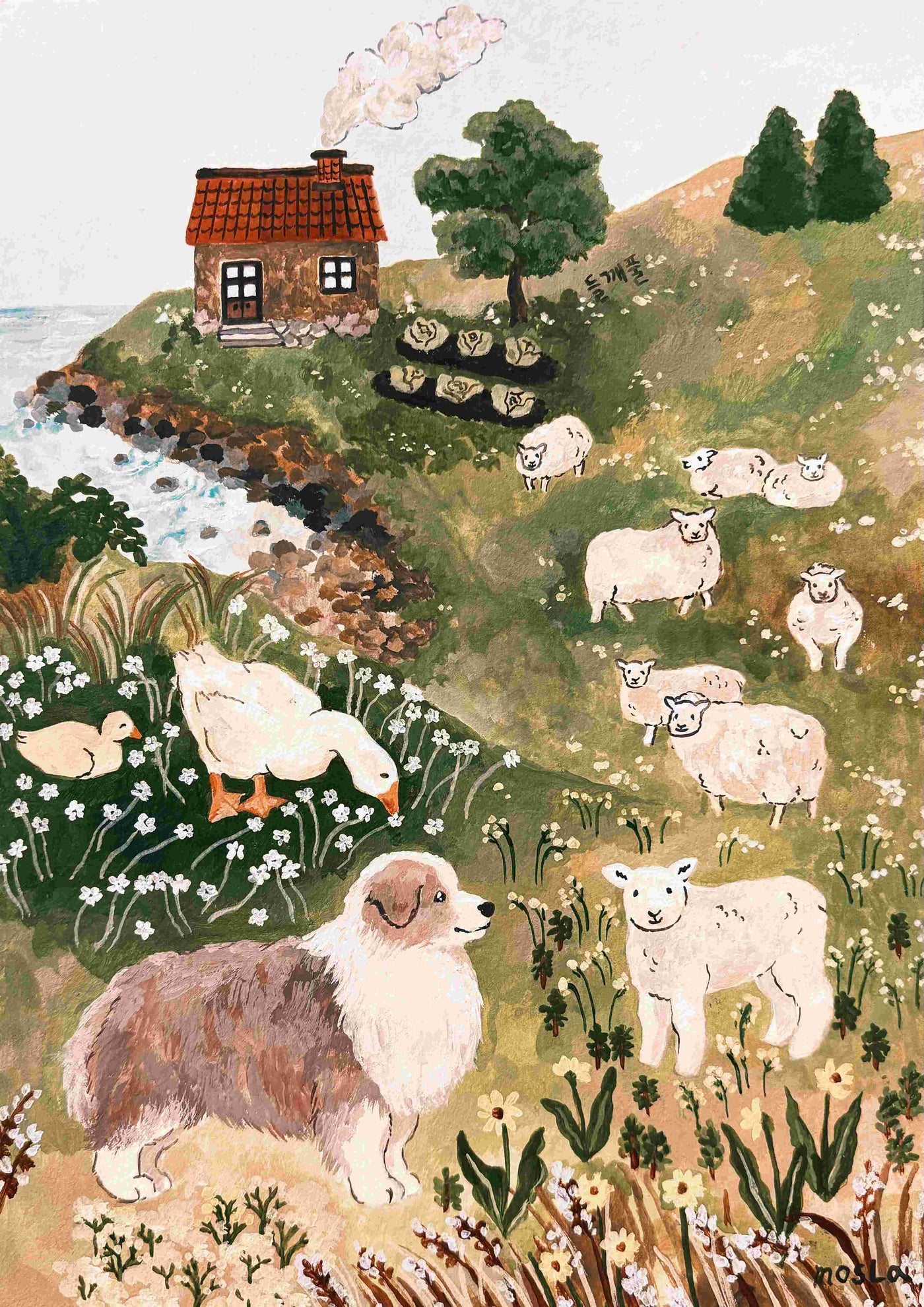 The "Guide to Walking Trails by Mosla" by GAL90 features walking routes through countryside landscapes with dogs, sheep, and wildflowers, beautifully printed on premium Matte Art Paper.