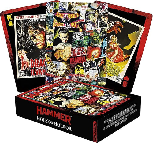 Hammer House of Horror Playing Cards by Blue Dog Posters feature vivid collage artwork from classic horror movie posters like Dracula and more, displayed above the branded box.