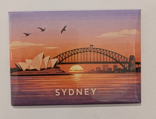 Travel Magnet - Sydney Harbour Sunset by Blue Dog Posters features the Opera House and Harbour Bridge at sunset with birds in flight and "SYDNEY" below—an ideal Australia-themed novelty fridge magnet or travel souvenir.