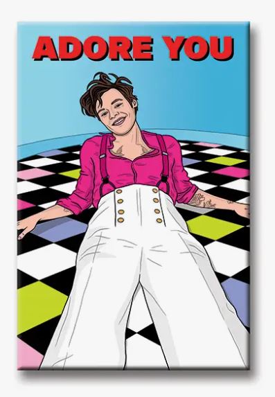 Illustration of a smiling person with short hair lying on a checkered floor, wearing a pink shirt with suspenders and high-waisted white pants. The words "ADORE YOU" are written in bold red letters at the top. Perfect for fridge facelift magnets or noting down important reminders, this product is known as the Harry Adore You Magnet by Blue Dog Posters.