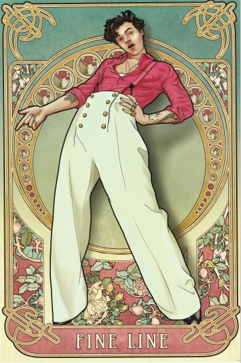 Illustration of a person in high-waisted white trousers and a pink shirt, set against floral patterns and art nouveau borders. MUS’s Harry Styles - Fine Line: an ideal large wall or stylish pop poster with "FINE LINE" text displayed.