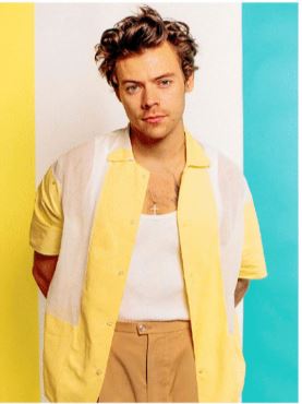 A person with curly hair is standing against a colorful background with yellow and turquoise stripes, reminiscent of a vibrant print. They are wearing a yellow and white short-sleeve shirt over a white tank top, tucked into tan pants. With their hands behind their back and looking relaxed, it's almost like the Blue Dog Posters' Harry Styles 30x40cm Mini Print come to life.