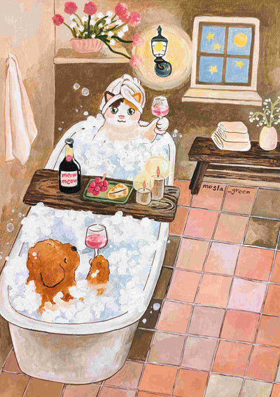 Experience a cozy bathroom scene with "Have a Glass of Wine by Mosla" from Blue Dog Posters. This art print features a cat in a bubble bath, wrapped in a towel, sipping wine, with lit candles and starlit windows. Perfectly printed on 250gsm Satin Paper from the Featured Artist Collection.