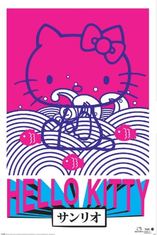 A pink and blue illustration of Hello Kitty above stylized waves with three fish. "HELLO KITTY" in large colorful letters and Japanese text below. Printed on 150gsm gloss paper. ALT 034's Hello Kitty (Tokyo Rebel) alternative poster.