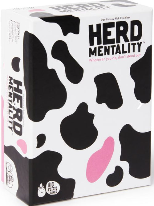 A box of "Herd Mentality Moosic & Moovies" by Blue Dog Posters features a cow print design, pink spot, and the tagline "Whatever you do, don’t stand out"—an excellent pick for your next party game night.