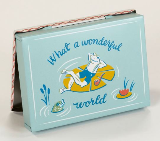 The High on Life Small Tin by Blue Dog Posters is a light blue box featuring a swimsuit-clad frog lounging on a yellow lily pad with "What a wonderful world" text, plus fish, cattails, and a water lily—ideal for storing a compact wallet.
