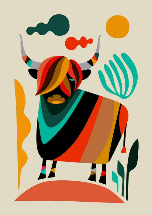 Highland Cow by Rachel Lee from fap features a colorful, geometric bull with bold stripes, stylized plants, clouds, and sun in vibrant orange, teal, green, red, and yellow—a lively art print from the Featured Artists Collection.