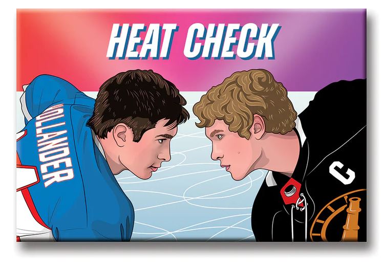 Two hockey players face off, staring each other down. "HEAT CHECK" tops a gradient background. The Heated Rivalry Magnet by Blue Dog Posters is a bold, USA-made statement piece for any fridge.