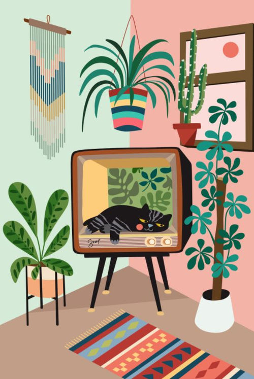 A black cat naps inside a vintage TV in a cozy room with colorful walls, plants, and art—a charming moment from "Home Sweet Home" by Rachel Lee, featured in fap’s artist collection.