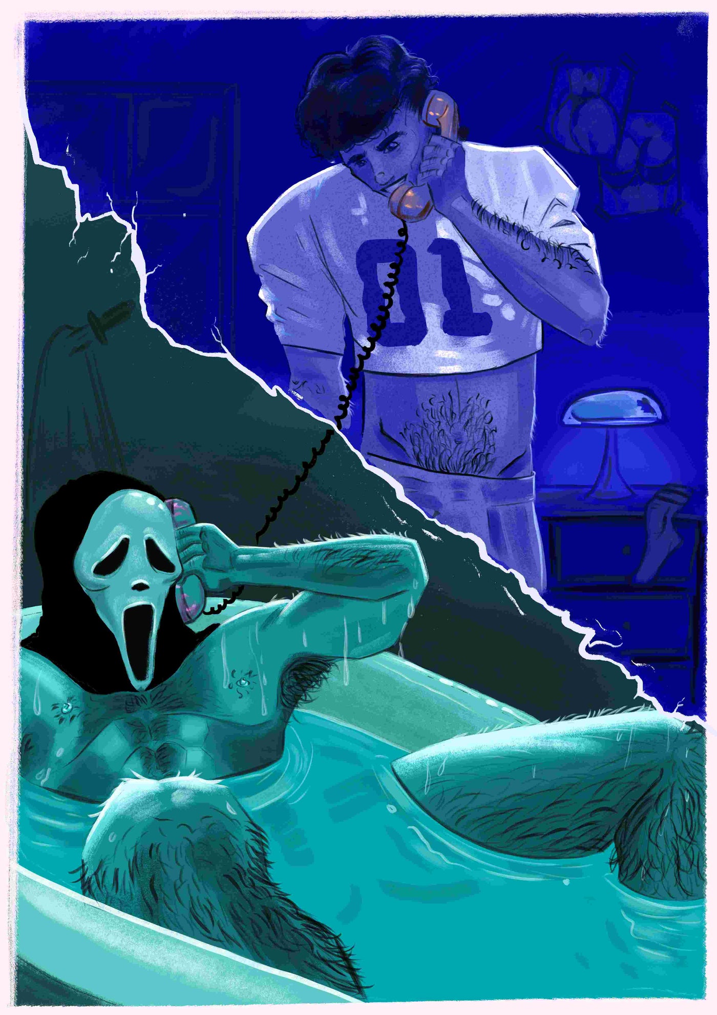 Hotline Fling by Miles Illustrated from Blue Dog Posters features a football player in a blue-lit room on the phone with someone in a bathtub wearing a Ghostface mask, connected by the cord—an eye-catching art print.