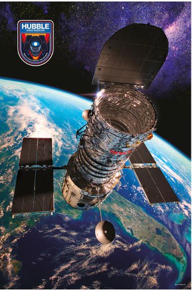 Image of the EDU 006 Hubble orbiting above Earth with a backdrop of stars and distant galaxies. The telescope has solar panels extended and a reflective cylindrical body. The Hubble logo is positioned in the top left corner, perfect for an education collection or as a space poster on premium gloss paper.