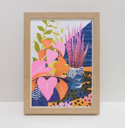 House Plants A4 Riso Print by Vicki Johnson from Blue Dog Posters features vibrant, colorful plants in patterned vases on a blue dotted background. Printed with eco-friendly soy inks on FSC certified paper.
