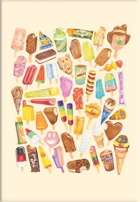 The GAL158 50 Up Ice Cream Amy Blue A2 art print features rows of colorful cones, bars, and popsicle sticks on a light background for a playful, nostalgic accent to any gallery prints collection.